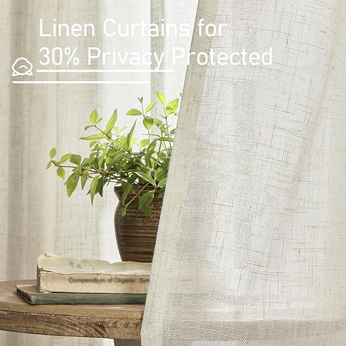 LAMIT Natural Linen Semi Sheer Curtains 48 Inch for Bedroom, Light Filtering Neutral Window Curtains Farmhouse Boho Back Tab and Rod Pocket Panels, Natural Cream Ivory, 2 Panels, 52 x 48 Inch