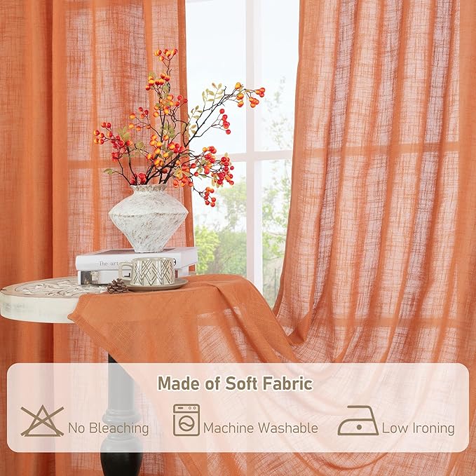 LAMIT Burnt Orange Sheer Linen Curtains, 84 inch Light Filtering Semi Sheer Panels Back Tab and Rod Pocket Farmhouse Rust Drapes for Bedroom/Living Room, 2 Panels, 52 x 84 Inch