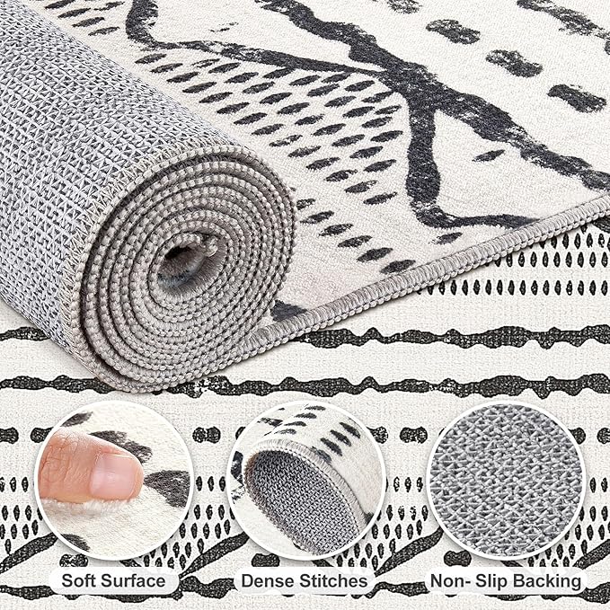 Nakagishi Black Rug Living Room Rugs: 9x12 Machine Washable Boho Large Neutral Modern Soft Moroccan Stain Resistant Indoor Floor Non Slip Accent Carpet for Bedroom Nursery Kids Playroom Office