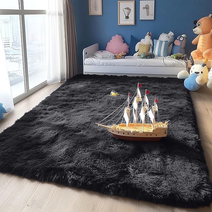 OLANLY 4x11 Area Rugs for Living Room Bedroom, Machine Washable Soft Fluffy Shaggy Bedside Rug, Indoor Floor Carpet for Kids Girls and Boys, Dorms, Nursery Rooms, Home Decor Aesthetic, Black