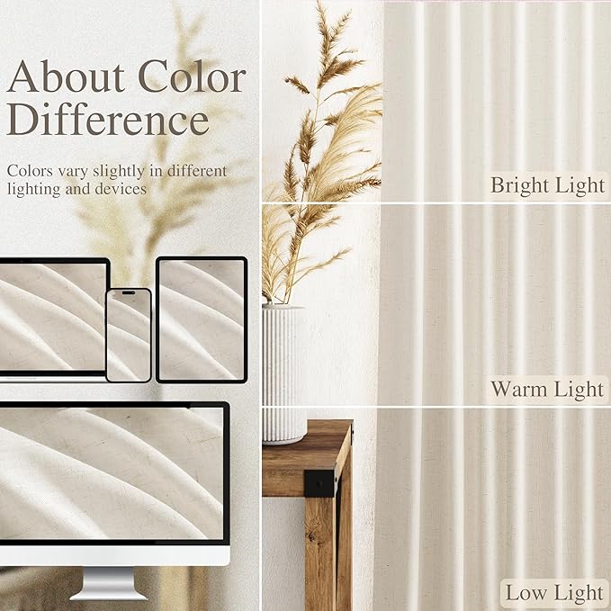 Nanspring Modern Linen Curtains for Living Room 80 Inches Long Light Filtering Semi Sheer Curtain Back Tab Neutral Luxury Modern Farmhouse Decor Linen Blend Drapes for Bedroom 52x80, 2 Panels