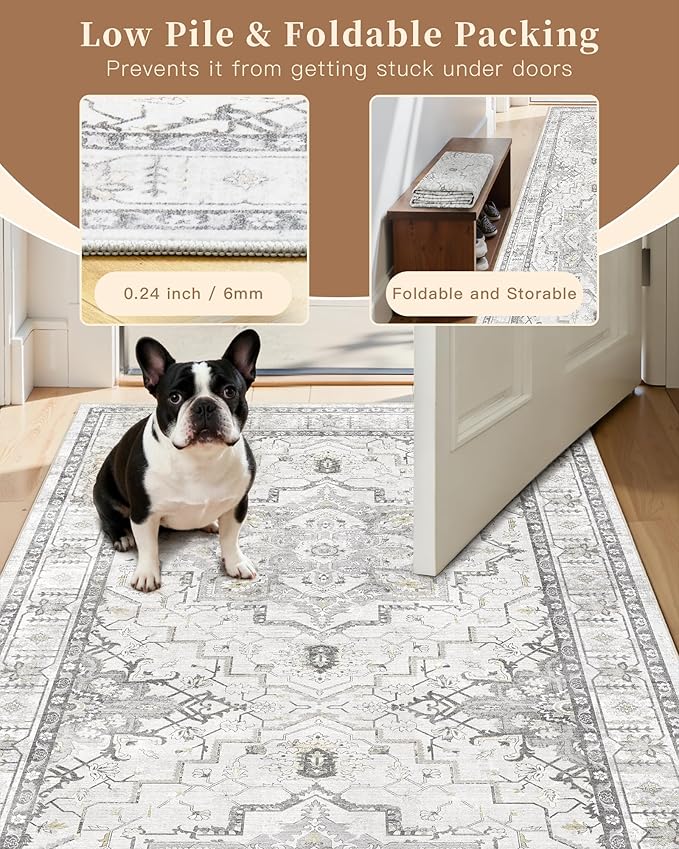 Madane Washable Runner Rug - 2x6 Rug Runners for Hallways 6 Foot Non Slip Vintage Kitchen Runner Rug Ultra-Thin Bathroom Runner Rugs Carpet Laundry Room Bedroom (2x6ft, Grey)