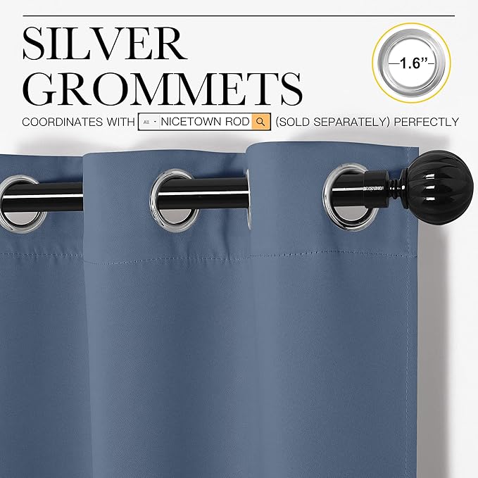 NICETOWN Kitchen Curtains Blackout Curtains & Drapes, Thermal Insulated Grommet Top Window Treatment Panels for Cupboard, Small Window (Stone Blue, 34" Wide x 63" Long, Set of 2)