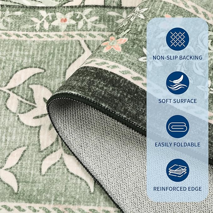 GarveeHome Provence Sage Green 3x5 Rug Washable Non-Slip Low-Pile Indoor Rugs for Entryway Botanical Grove Vintage Boho Cottage Throw Carpet for Kitchen Bedroom Living Room Bathroom Mat
