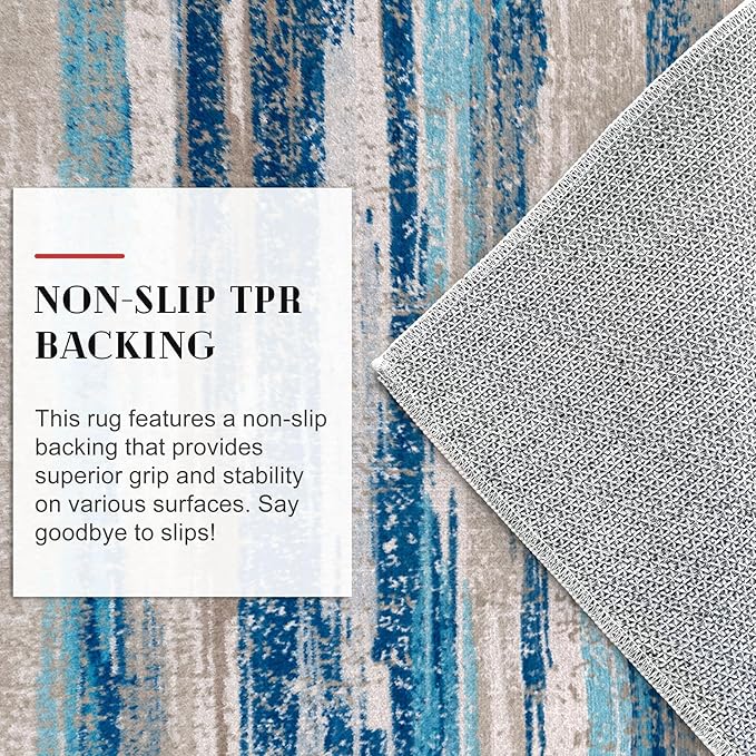 Lansny Modern Abstract Runner Rug 2.6x12, Blue Washable Long Kitchen Runner Non-Slip Soft Hallway Rug Runner Thin Print Faux Wool Carpet for Entryway Bedroom Laundry Room Indoor Home Decor