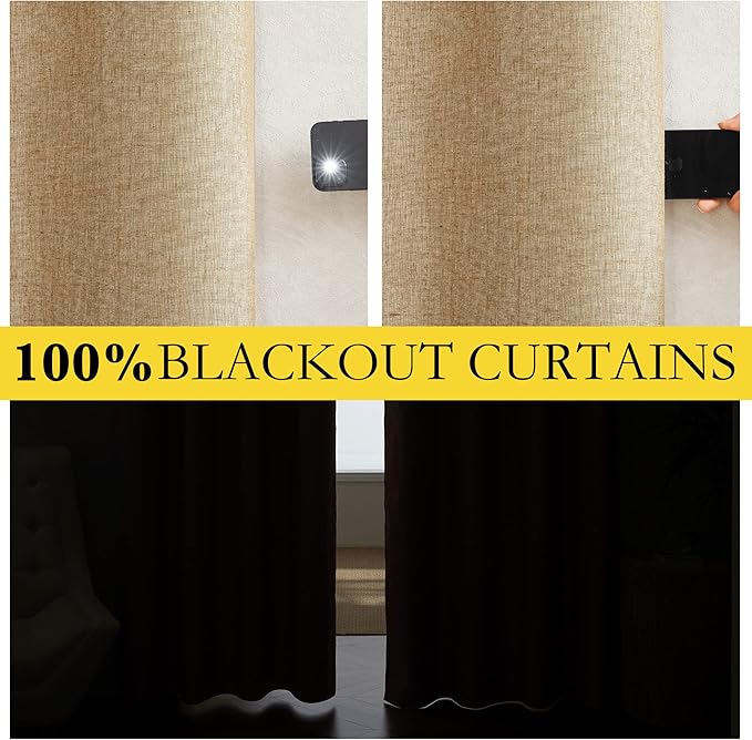NICETOWN 100% Absolutely Blackout Linen Curtains with Thermal Insulated White Liner, Camel, W52 x L120, 2 Panels, Textured Linen Look Noise Reducing Window Treatments Drapes for Bedroom/Living Room
