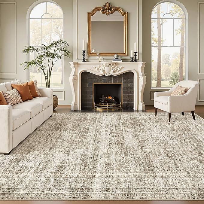 Soalmost Washable Area Rug 8x12, Large Soft Rugs for Living Room Vintage Brown Carpet 8x12 Area Rugs for Bedroom Dining Room Non-Slip Stain Resistant Under Table Rug