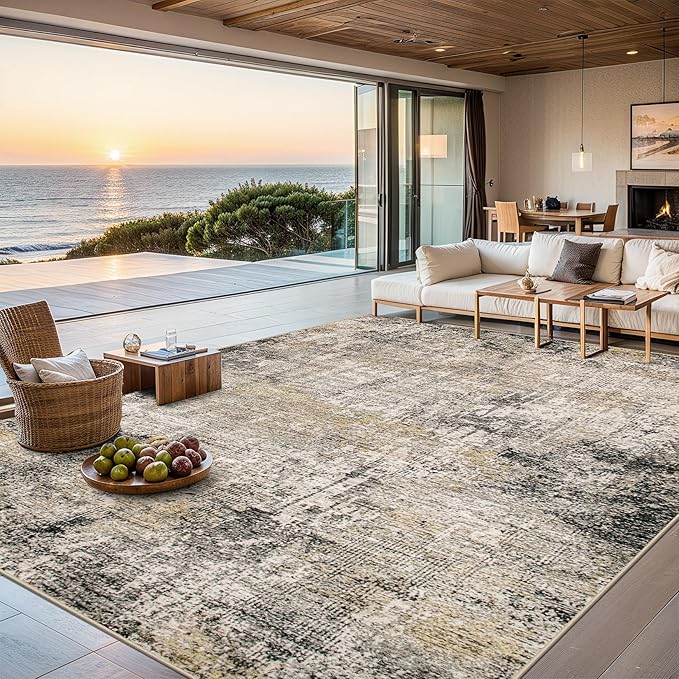Area Rugs 9x12 Living Room - Washable Rug Modern Abstract Soft Large Neutral Non-Slip Carpet Indoor Floor Thin Carpets for Bedroom Dining Room Farmhouse Nursery Home Office Brown Black Grey