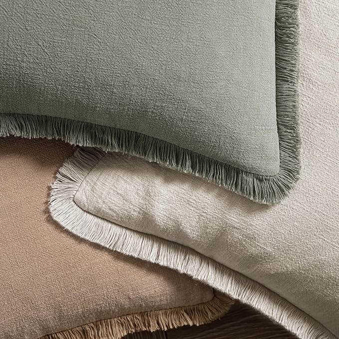 MIULEE Decorative Throw Pillow Covers Neutral Linen Fringe Throw Pillows Euro Shams Set of 2 Natural Beige Boho Farmhouse Cushion Covers for Couch Sofa Bed Living Room Spring Home Decor 26x26 Inch
