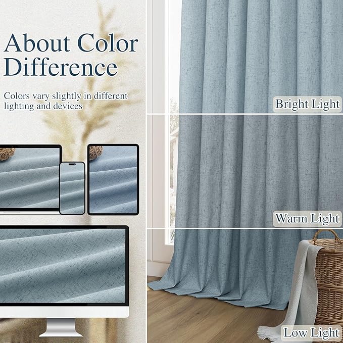 Guken Blue 100% Blackout Linen Curtains 120 Inch Length 2 Panels Set for Living Room Bedroom Back Tab Rod Pocket Thermal Insulated Black Out Drapes Room Darkening Farmhouse Window Curtains 52x120