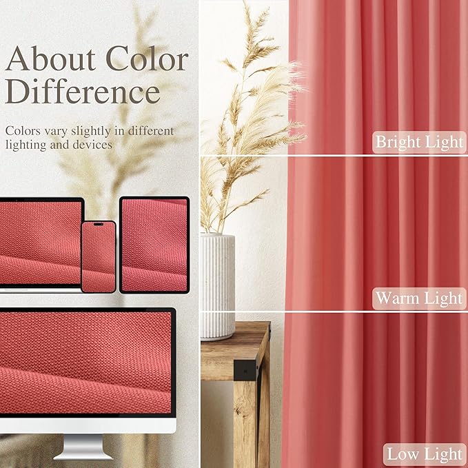 Nanspring Watermelon Red Linen Curtains 84 Inch Length 2 Panels Set, Back Tab Rod Pocket Light Filtering Privacy Semi Sheer Textured Curtains Neutral Farmhouse Decor Curtain for Living Room Bedroom