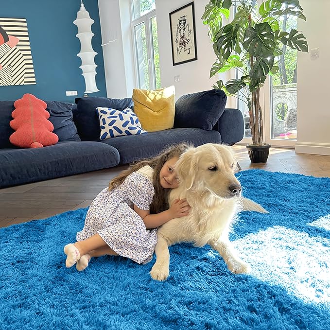 OLANLY 2x5 Machine Washable Runner Rugs for Hallway, Soft Fluffy Shaggy Bedside Rugs for Bedroom, Living Room, Indoor Floor Carpet for Kids Girls and Boys, Home Decor Aesthetic, Bright Blue