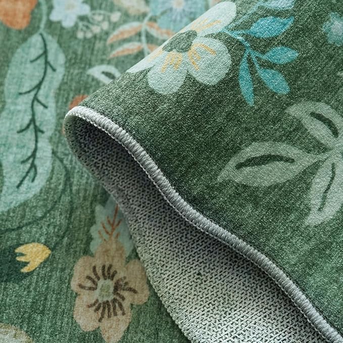 Washable 2x6 Runner Rug for Entryway: Hallway Kitchen Easy-Clean Carpet with Non-Slip Backing Stain-Resistant Low Pile Floor Mat – Perfect for High-Traffic Areas with Pets (2x6 Floral/Green)
