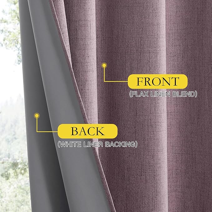 NICETOWN Chaise Mauve Vintage Linen 100% Blackout Curtains for Living Room, Thermal Insulated Curtains 90" Long, Noise Reducing Window Treatment Drapes for Hall Room, 42" Wide Per Panel, Set of 2