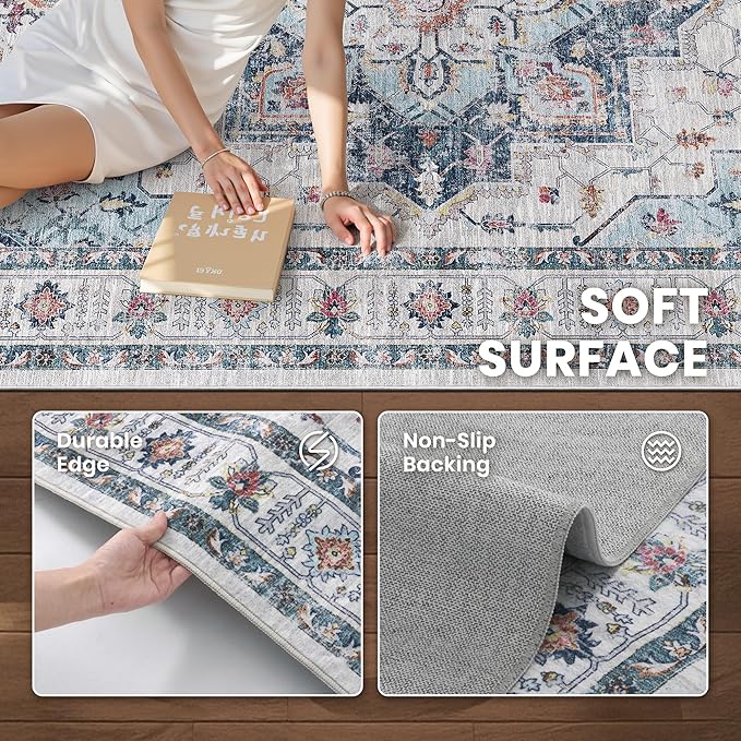 zesthome Area Rugs 9x12, Washable Rug Non-Slip Low Pile Rugs for Living Room, Bedroom, Home Decor Vintage Large Area Rug (Blue,9'x12')
