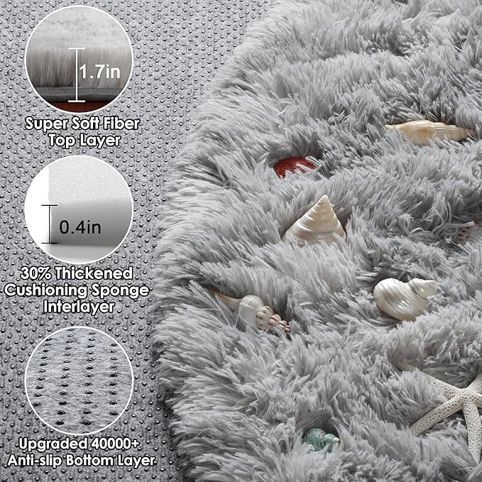 ONASAR Round Rugs 5ft for Bedroom Living Room, Fluffy Tie-Dyed Light Grey Circle Area Rug for Kids Girls Boys Teen, Soft Plush Shaggy Carpet for Nursery Dorm Classroom Playroom Home Decor Aesthetic