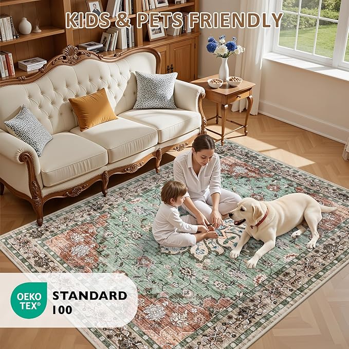 Hallway Runner Rug Non Slip - Washable 2.6x8 Kitchen Rugs for Living Room, Low-Pile Soft Bedroom Rug Indoor Floor Stain Resistant Carpets for Entryway, Laundry, Bathroom Brown Green