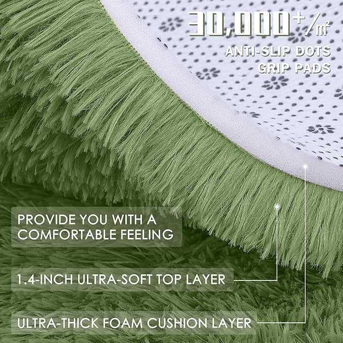 OLANLY Green Round Rugs for Bedroom - Machine Washable, 2 ft Circle Area Rugs for Living Room, Soft and Fluffy Shaggy Carpet for Teen Girl and Boys, Nursery Rooms, Dorms, Home Decor Aesthetic