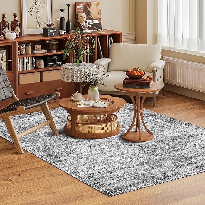 Washable Area Rug 6' x 9' Vintage Traditional Persian Mat - Foldable Distressed Non-Slip Machine Washable Carpet for Living Room Bedroom Kitchen Home Decor - Graphite and Mist