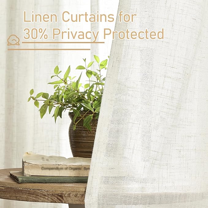 LAMIT 68 inch Length Linen Curtains for Living Room 2 Panels, Linen Textured Light Filtering Semi Sheer Back Tab and Rod Pocket Window Curtain Panels for Bedroom/Farmhouse, Cream, 52 x 68 Inch