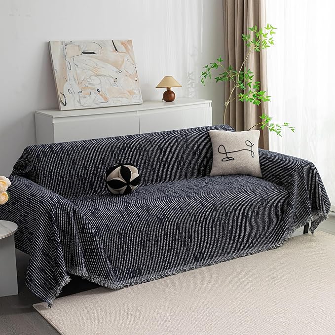 MYSKY HOME Loveseat Cover Navy Couch Cover Sectional Couch Covers for 2 Cushion Couch Sofa Thick Universal Chenille Sofa Cover with Tassel Durable Furniture Protector for Dogs 91" x 118"