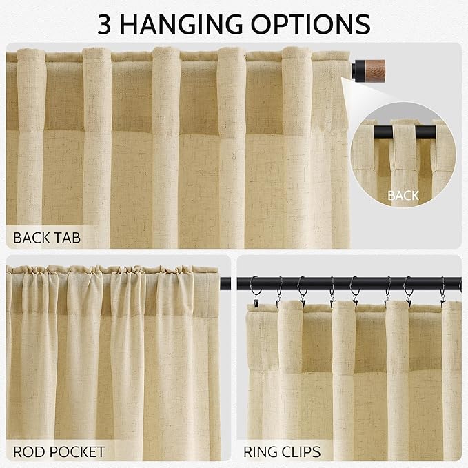Nanspring Cream Yellow Linen Curtains 63 Inch Length for Living Room Light Filtering Modern Farmhouse Semi Sheer Curtains Back Tab and Rod Pocket Privacy Curtain for Bedroom Office 52x63, 2 Panels