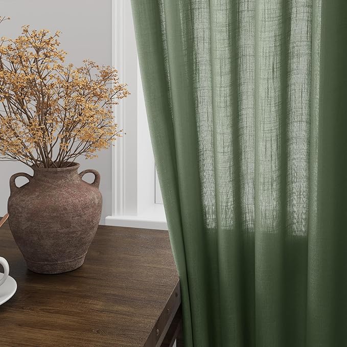 Nanspring Extended Curtain Olive Green Linen Sheer Curtains for Living Room 2 Panels Set 110 Inch Length Back Tab Light Filtering & Breathability Semi Sheer Drapes for Bedroom Living Room 52x110
