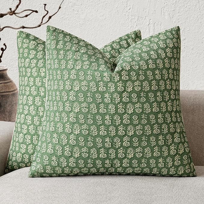 Foindtower Set of 2 Decorative Neutral Floral Print Throw Pillow Covers Vintage Accent Farmhouse Cushion Covers Boho Home Decor For Sofa Couch Chair Bedroom Living Room Outdoor,22×22 Inch,Forest Green