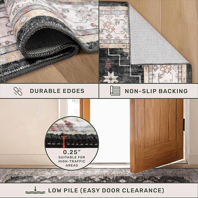 Hazo Haus Black Boho Washable 3x16 Extra Long Runner Rug for Hallway, Waterproof Large Kitchen Floor Rug, Non-Slip Stain & Fade Resistant, Vintage Floral Decor