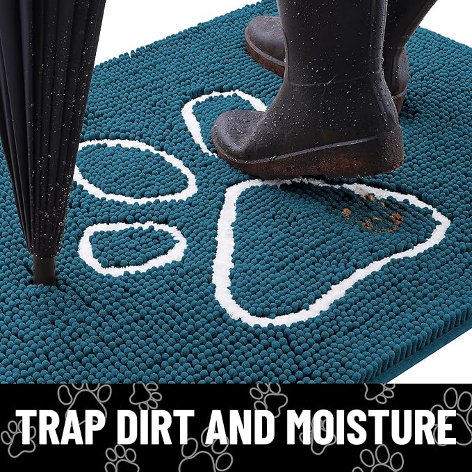 Smiry Dog Door Mat for Muddy Paws, Absorbent Dirt Trapper Non Slip Quick Dry Washable Chenille Mat for Mud Dogs, Entry Rug for Indoor and Outdoor (59x24 Inches, Atlantic Blue and White)