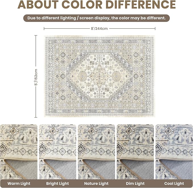 zesthome 5x8 Area Rugs - Ultra-Thin Washble Rug, Stain Resistant Anti Slip Backing Rugs for Living Room,Bedroom, Vintage Home Decor Area Rug (Beige,5'x8')