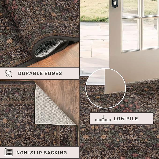 Washable Dark Brown 4x6 Area Rugs for Living Room, Bedroom Bedside Rug, Kitchen, Mudroom, Home Office, Non-Slip Low Pile Ultra Soft Stain Resistant, Small Vintage Taupe Accent Botanical Floral Carpet