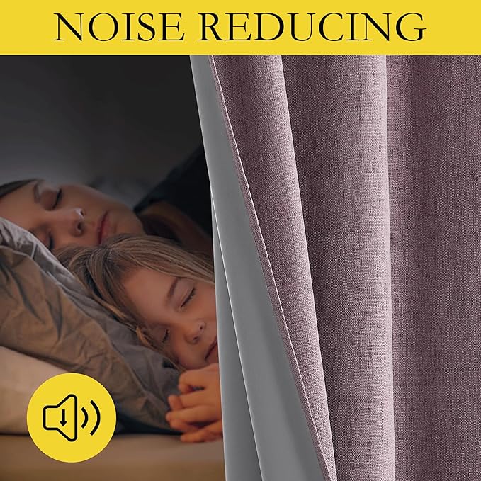 NICETOWN Chaise Mauve Vintage Linen 100% Blackout Curtains for Living Room, Thermal Insulated Curtains 48" Long, Noise Reducing Window Treatment Drapes for Hall Room, 52" Wide Per Panel, Set of 2