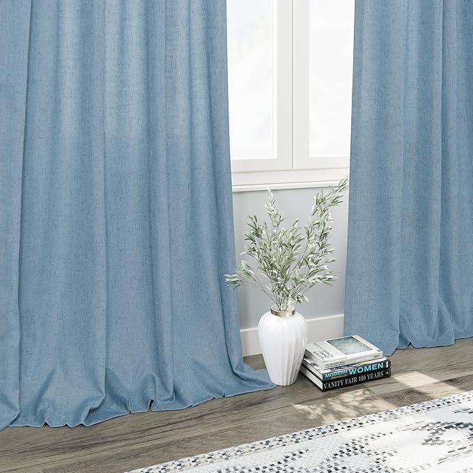 Nanspring Blue Semi Sheer Linen Curtains 84 inch Length for Living Room Back Tab Modern Farmhouse Coastal Decor Stone Dusty Blue Cotton Textured Gauze Curtains for Dining Room Bedroom Blue Grey