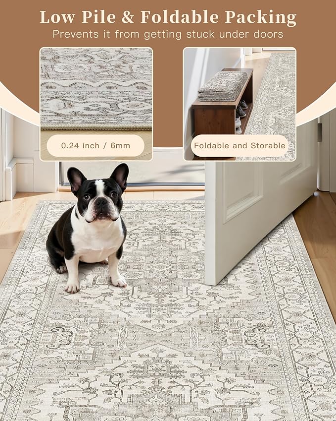Madane Hallway Runner Rug 2x12, Long Washable Runner Rugs 12ft with Rubber Backing, Non Slip Carpet Runner, Vintage Rug Runners for Kitchen Laundry Room Entryway (Beige/Brown, 2'x12')
