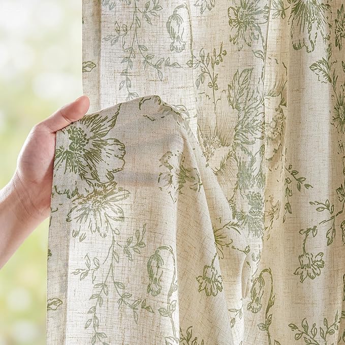 jinchan Linen Blend Floral Curtains for Living Room 54 Inch Length Farmhouse Printed Curtain Rod Pocket Back Tab Sage Green Peony Flower Patterned Drapes Bedroom Curtains Set 2 Panels