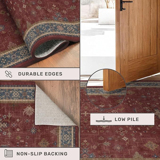 Hazo Haus Oriental 7x10 Large Area Rugs for Bedroom Under Bed - Burgundy Rug for Living Room, Dining Room Under Kitchen Table, Washable Soft Non Slip Boho Indoor Décor