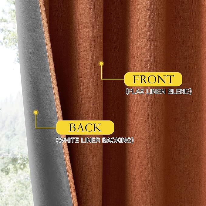 NICETOWN 100% Absolutely Blackout Linen Curtains with Thermal Insulated Liner, Terracotta, 52" Wide, 2 Panels, 63 inches Long Drapes, Grommet Retro Linen Curtains Vertical Drapes Privacy for Bedroom