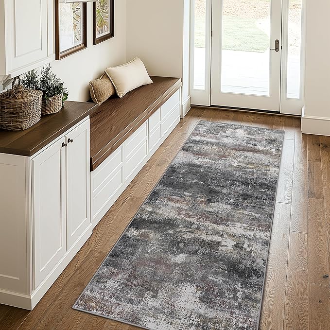 Runner Rug for Hallway Kitchen 2x6 Machine Washable Runners Rug for Entryway, Dark Gray Soft Modern Abstract Throw Rugs, Floor Carpet with Non Slip Rubber Backing