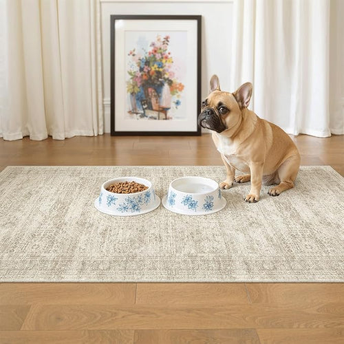 2x4 Washable Rugs for Kitchen, Floor, Entryway, Powder Room Small Area Rug Non-Slip Vintage Low Pile Throw Door Mat Beige