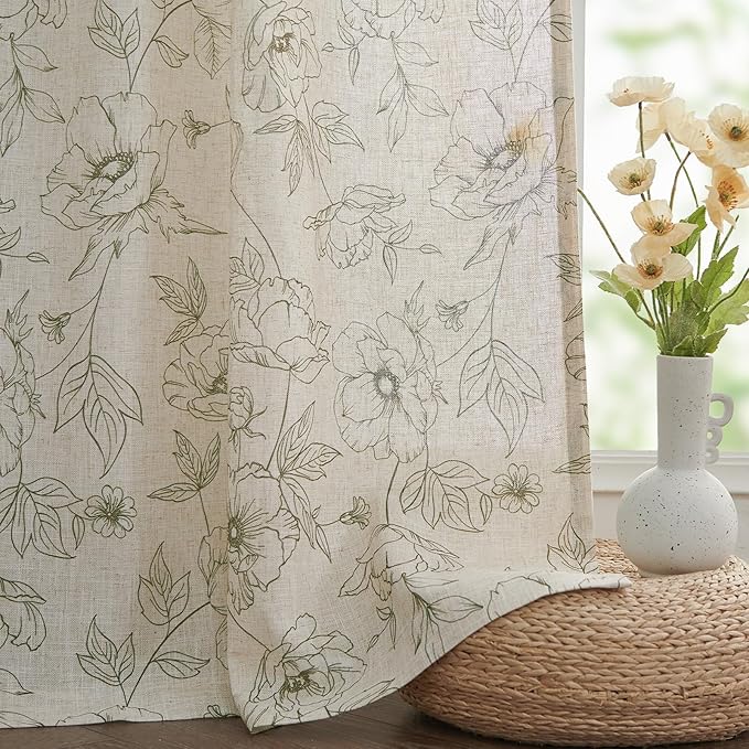 jinchan Floral Linen Curtains for Living Room 96 Inch Length Green Flower Curtain Rod Pocket Back Tab Farmhouse Curtains with Printed Floral Bedroom Window Curtain Set, 2 Panels Green