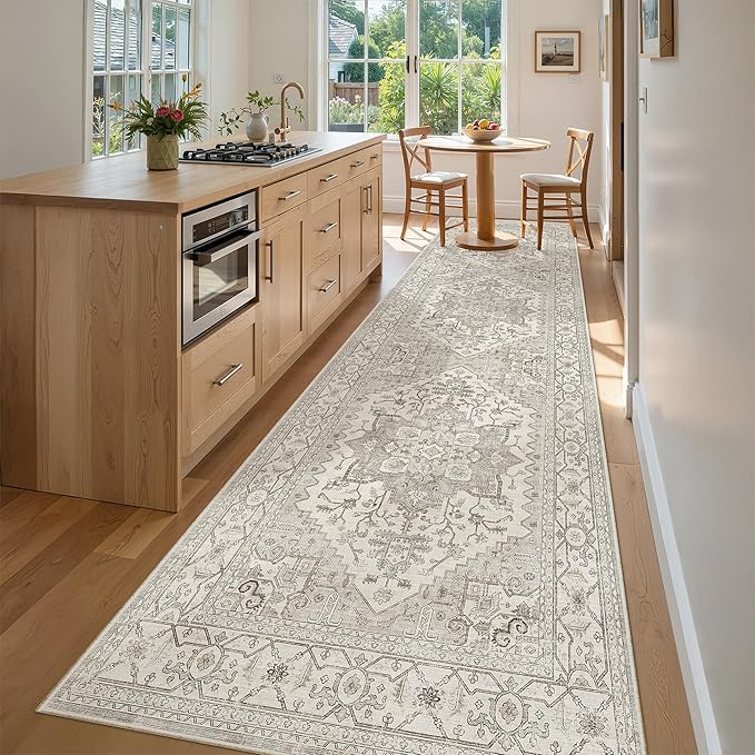 Madane Hallway Rug 3x10, Kitchen Rugs Washable Entryway Rug 10ft Vintage Kitchen Runners Non Slip Indoor Area Rug Farmhouse Carpet Runner for Bathroom Living Room Bedroom, Beige/Brown