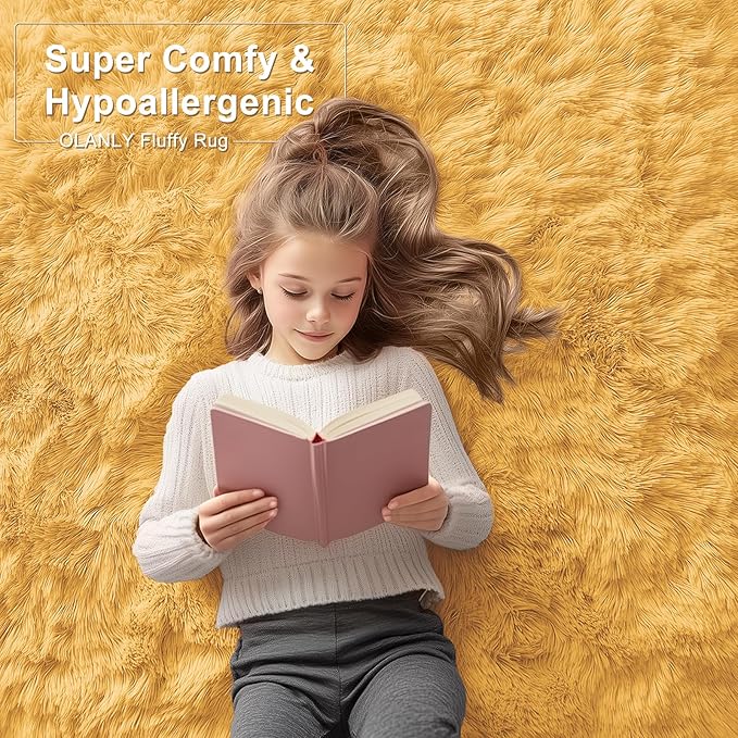 OLANLY Area Rugs for Living Room Bedroom, Machine Washable 4x5.9 ft Soft Fluffy Shaggy Bedside Rug, Indoor Floor Carpet for Kids Girls and Boys, Dorms, Nursery Rooms, Home Decor, Mustard Yellow