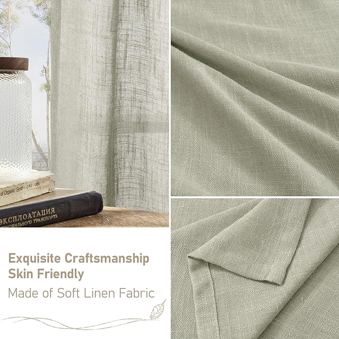 LAMIT Sage Grey 72 inch Linen Curtains for Living Room 2 Panels, Linen Textured Light Filtering Semi Sheer Back Tab and Rod Pocket Farmhouse Curtain Panels for Bedroom/Farmhouse, 52 x 72 Inch