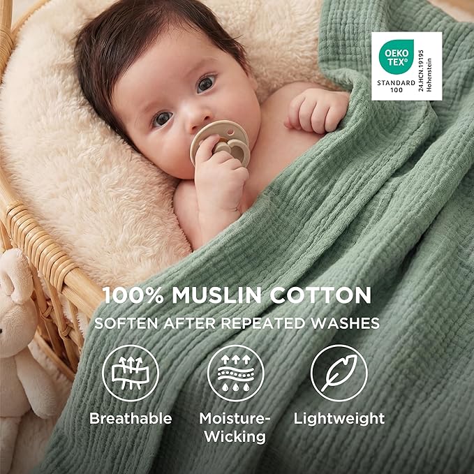 Bedsure 100% Cotton Muslin Blanket King Size for Bed - 4-Layer Breathable and Lightweight Thin Soft Summer Gauze Muslin Blanket for Adults, Sage Green, 108x90 Inches