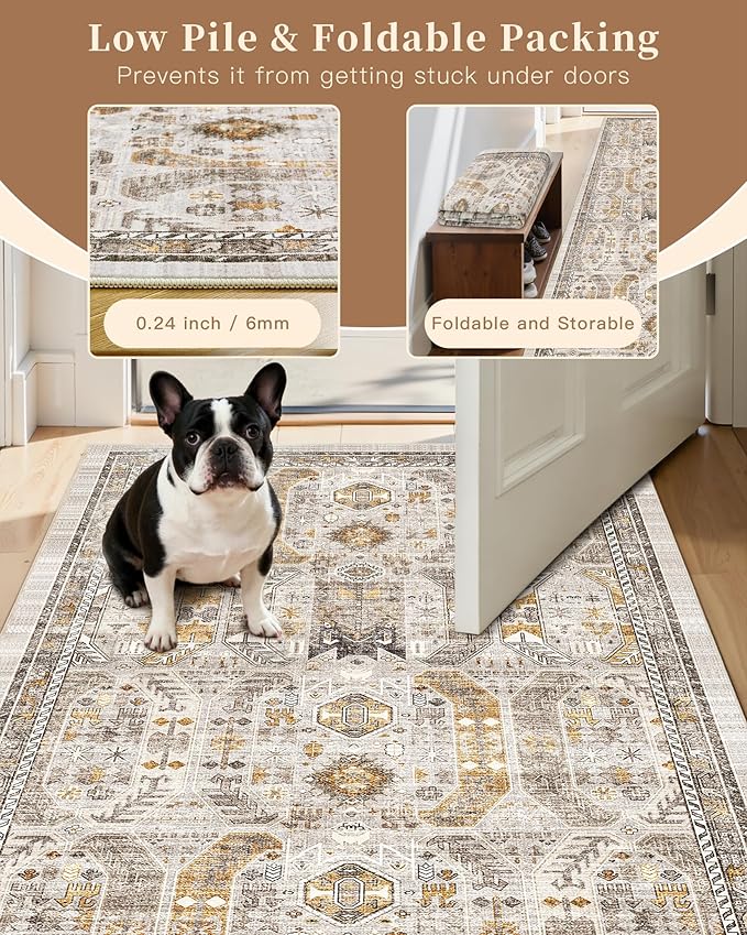 Madane Runner Rug 2'6''x8' Kitchen Runner, Hallway Runner Printed Vintage Washable Rugs Soft Non-Slip Low Pile 2.5x8 ft Runners for Hallways Laundry Room Rug Distressed Rug, Brown/Gold