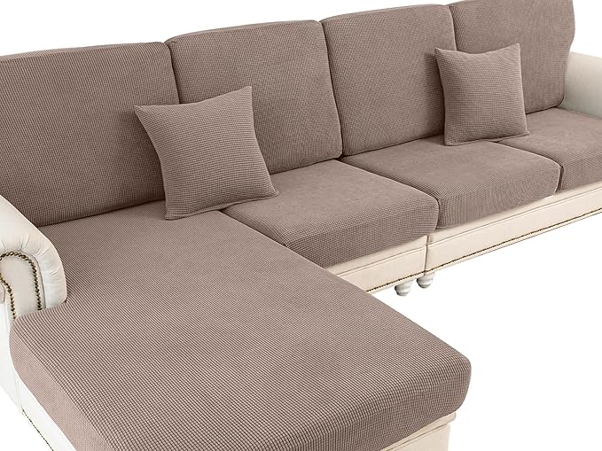 Couch Cushion Covers for Sectional Sofa L Shape Washable Separate Seat Chaise Couch Cover Stretch Sofa Slipcovers with 2 Pcs Pillowcases(3 Seater + 1 Chaise, Khaki)