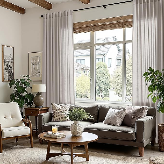 Nanspring Stone Grey Linen Curtains 102 Inches Long for Living Room Simple Modern Light Filtering Semi Sheer Curtain Back Tab and Rod Pocket Neutral Luxury Drapes for Bedroom Office 52x102, 2 Panels