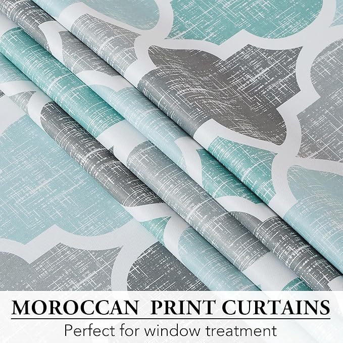 Beauoop 100% Blackout Curtains 72 Inches Long 2 Panels for Bedroom Living Room Aqua Grey Moroccan Geo Room Darkening Thermal Insulated Soundproof Grommet Top Window Treatments Drapes, 50x72 Set of 2