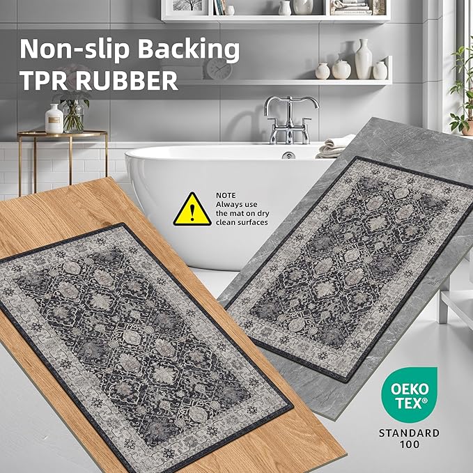 Kitchen Sink Rugs Set 0f 2: Washable Non-Slip Hardwood Floor Mat for Stove Dishwasher Fronts Soft Stain Resistant Carpet for Cooking Area & Fridge Boho Home Decor for High Traffic Area(2x3+2x4,Black)